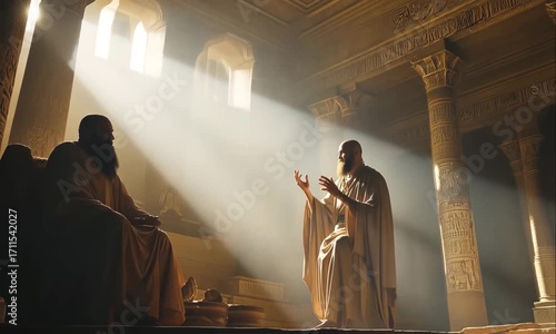 Biblical Illustration of Moses Demanding Pharaoh Ramses to Free the Israelites from Slavery in Egypt