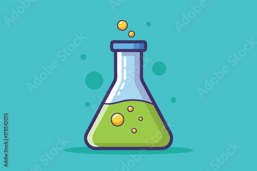 Colorful laboratory flask with bubbling green liquid on a bright turquoise background