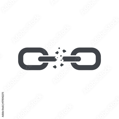 A black, stylized chain with a broken link, implying weakness or disconnection on white