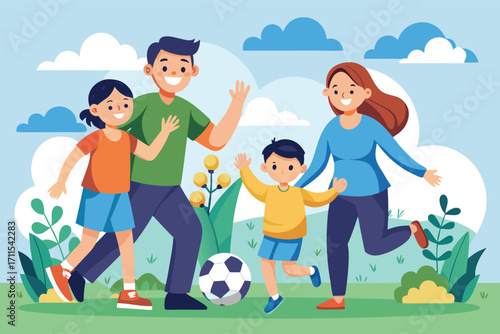 Family enjoys a sunny day playing soccer in a vibrant park with greenery and flowers