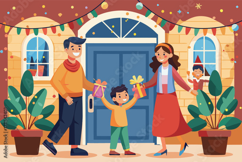 Family celebrating together at home with gifts in a festive atmosphere during a holiday season