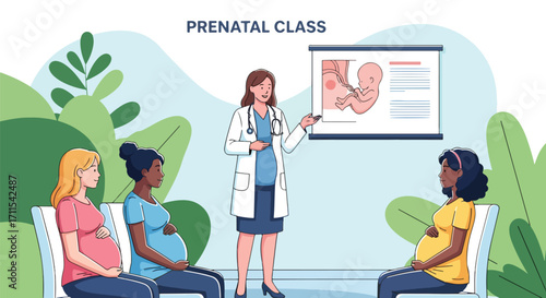 Adobe illustrator artwork vector illustration. A female doctor in a white coat gives a presentation on fetal development to a group of pregnant women. The slide shows a fetus