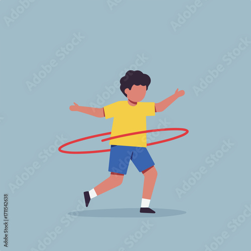 Boy in motion twirling a hula hoop, wearing shorts and yellow shirt against a blue backdrop