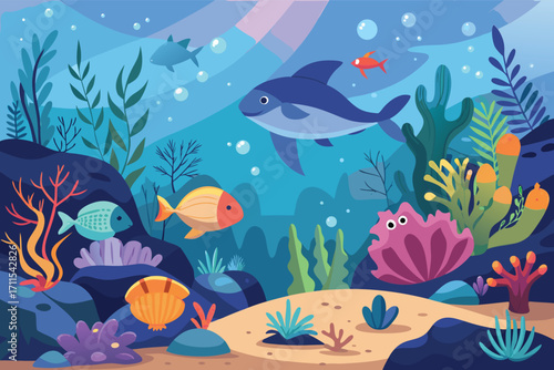 Colorful underwater scene showing diverse fish and plants swimming in a coral reef environment