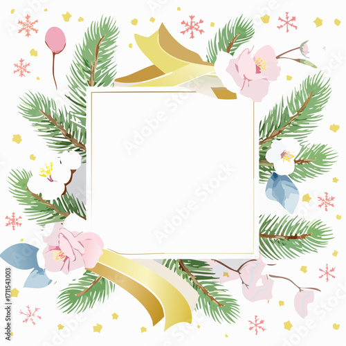 Elegant abstract New Year frame featuring pine, plum flowers, and decorative ribbons for photos