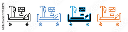 Intensive care linear icon vector. Critical care medicine, hospital bed, IV drip, and vital signs monitor symbol. vector illustration.