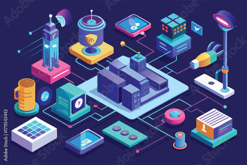 Exploring a futuristic smart city layout with varied technology elements and connections