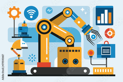 Innovative robotic arm design with various technological elements in a modern workspace
