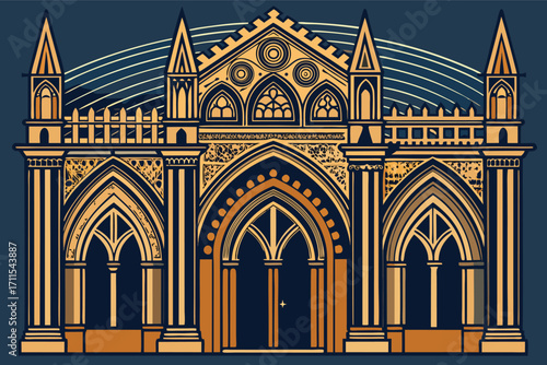 Detailed illustration of a gothic-style building with intricate designs and pointed arches