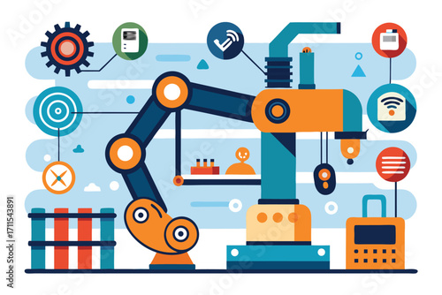 Concepts of automation and robotics in modern industry using colorful design elements