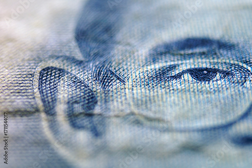 Close-Up of a Face on Currency with Detailed Textures and Patterns