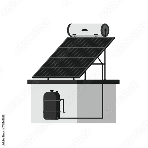 Simplified illustration of a solar water heater system on a building's flat rooftop