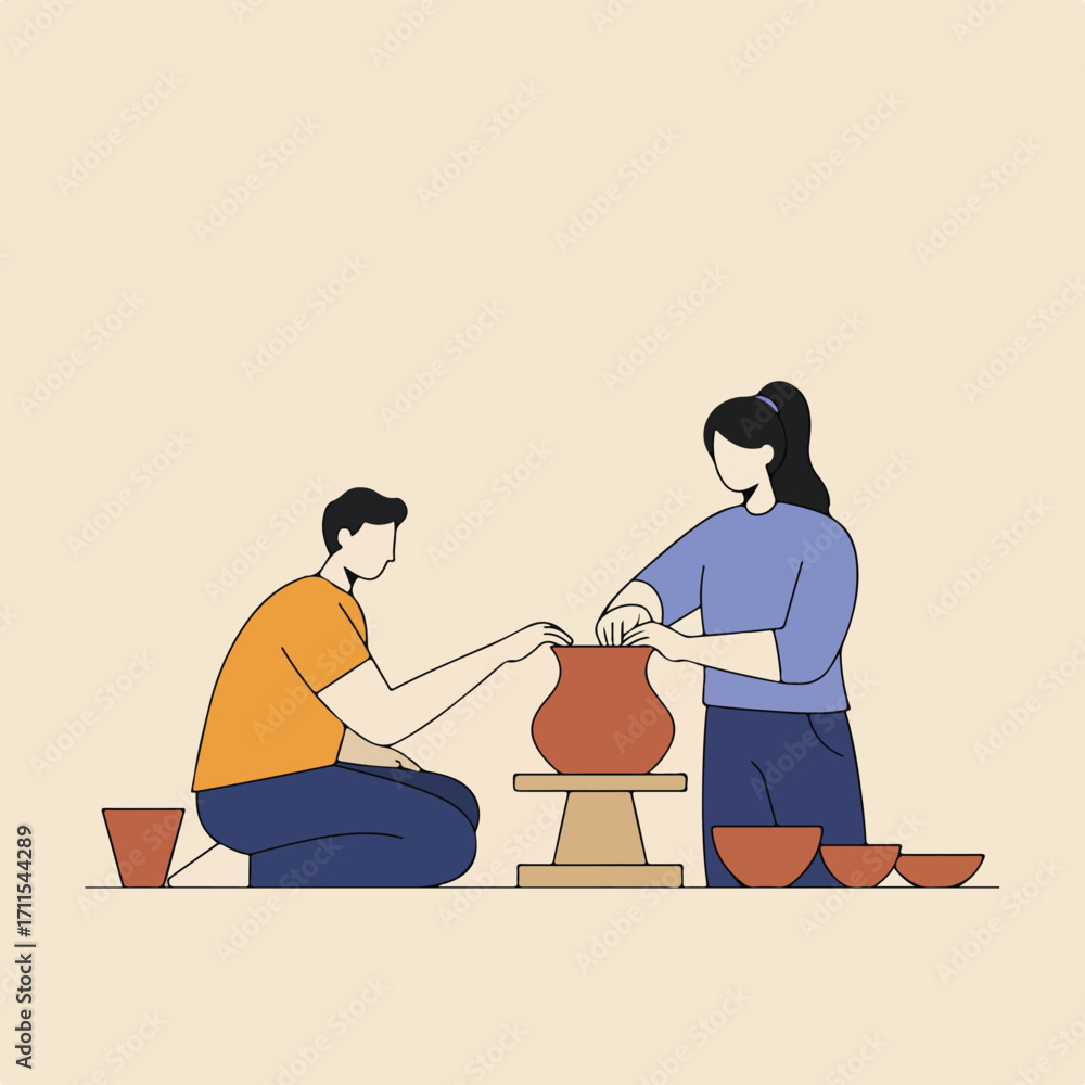 Fototapeta premium Two people make pottery, one sitting and one standing. Both work on the vessel together