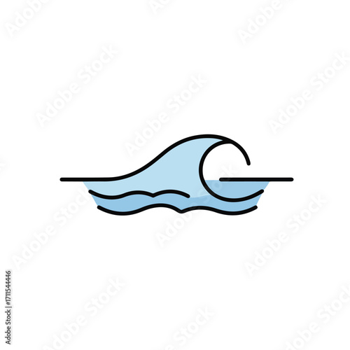 Stylized light blue wave, with black outline, cresting with horizontal line. Graphic Icon