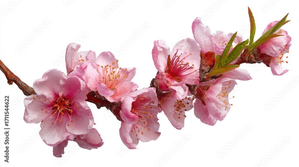 Naklejka premium Delicate pink blossoms on branch, dew drops