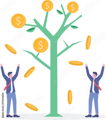 Flat illustration of happy businessman jumping by money tree falling gold coins investments natural growth

