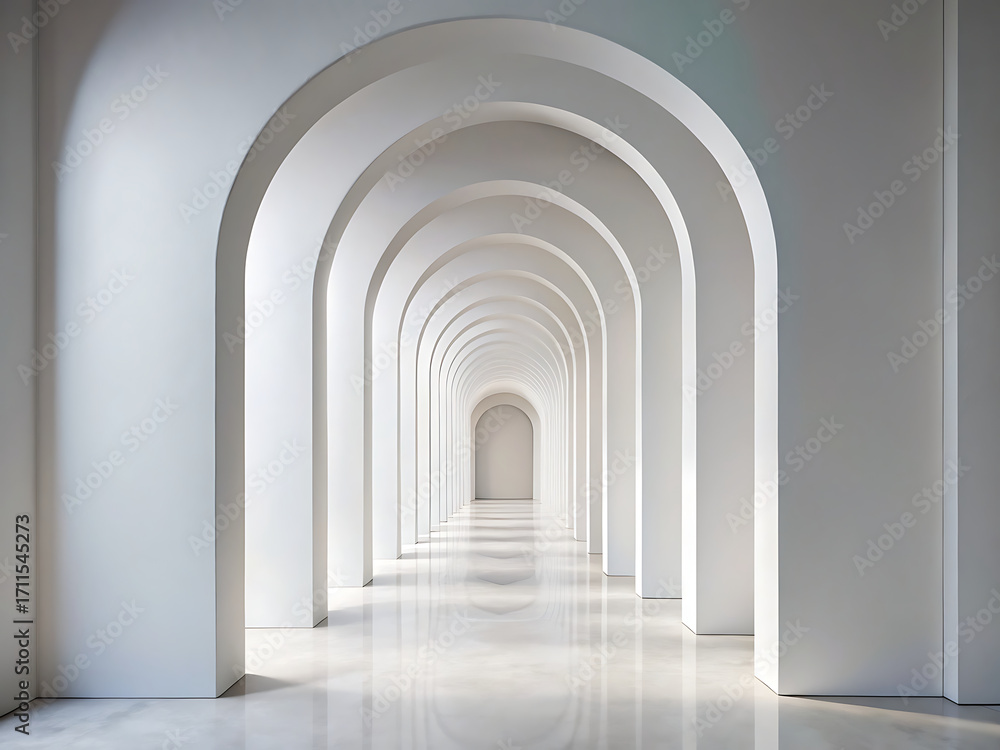 Fototapeta premium Minimalist White Arched Hallway with Soft Curves