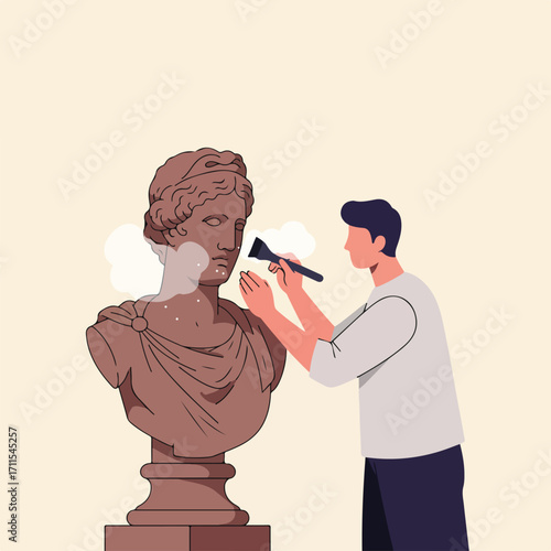 A man cleans a classical bust of a woman, gently brushing off dust with concentration
