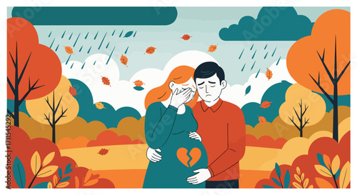 Adobe illustrator artwork vector illustration. A grieving couple sits on a park bench under a stormy sky with falling leaves, symbolizing miscarriage or infertility