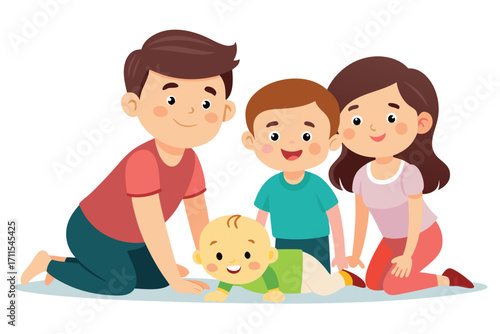 Family playing together on floor with cheerful expressions in a warm, playful setting during the daytime
