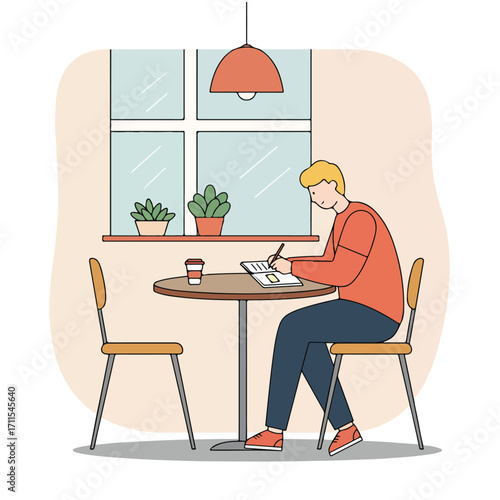Cartoon depiction of a man writing in a notebook in a cafe-style setting