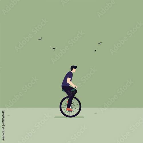 A man is riding a unicycle on a green plane, stylized background with bird silhouettes