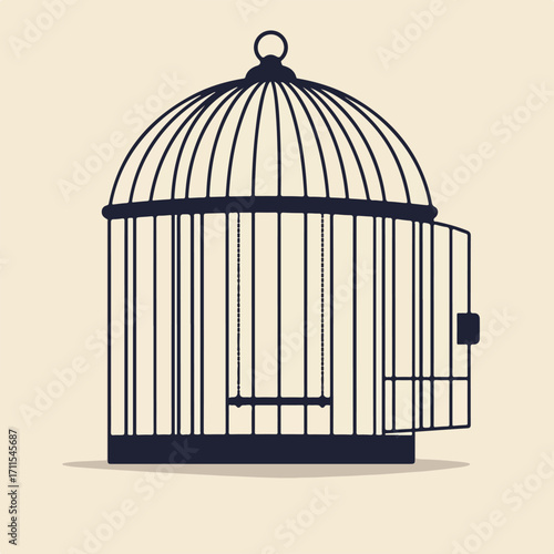 Stylized icon of a birdcage with an open door and a swing inside, in a dark tone