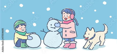雪遊びする子供たちと犬のイラスト
