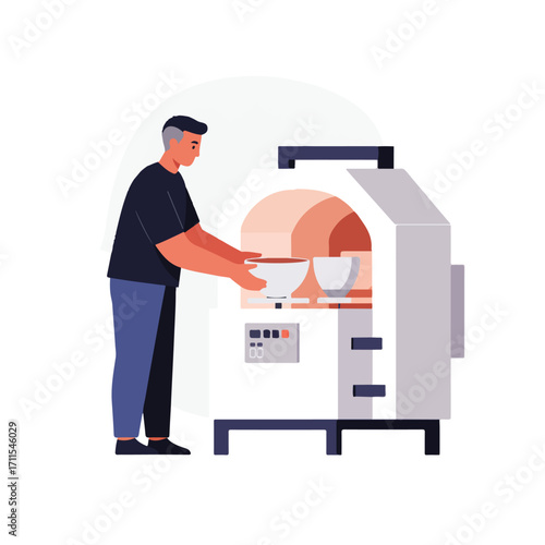 Man with pottery kiln placing a white bowl inside, viewed from the left