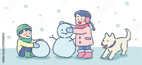 雪遊びする子供たちと犬のイラスト
