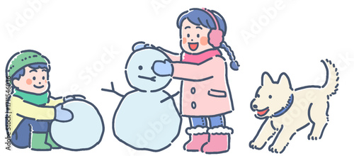 雪遊びする子供たちと犬のイラスト
