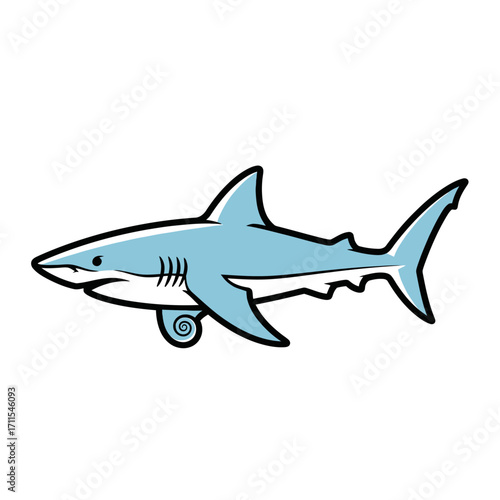 Cartoon illustration of a blue shark isolated on white background, swimming to the right side