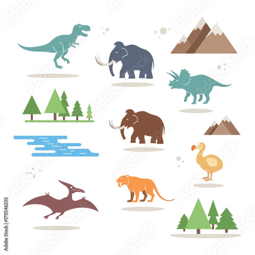 Flat vector illustration of prehistoric animals, including dinosaurs and mammals isolated on white background