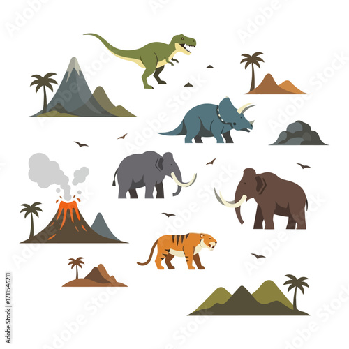 Prehistoric landscape with dinosaurs, mammoths, sabertoothed tiger, volcano isolated on white background