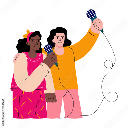 Flat style illustration showing friends singing together 
