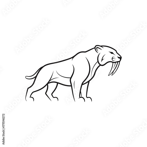 Illustration of a sabertoothed tiger standing, isolated on white background vector art style