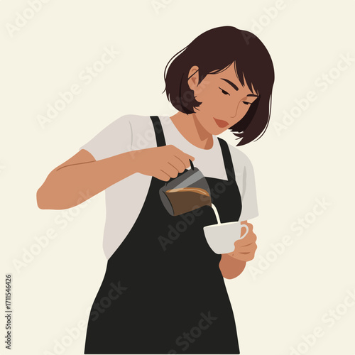 Stylized barista pours milk from a pitcher into a white cup on a neutral backdrop