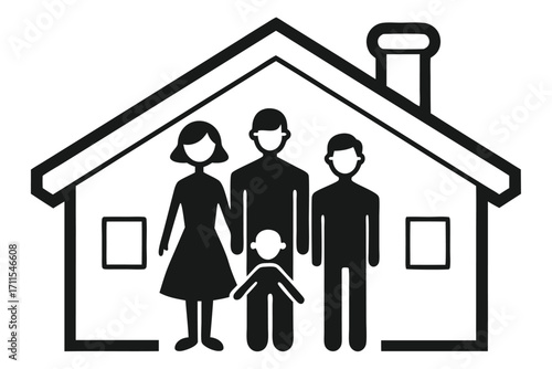 Family standing together outside their home in a simple and modern style illustration