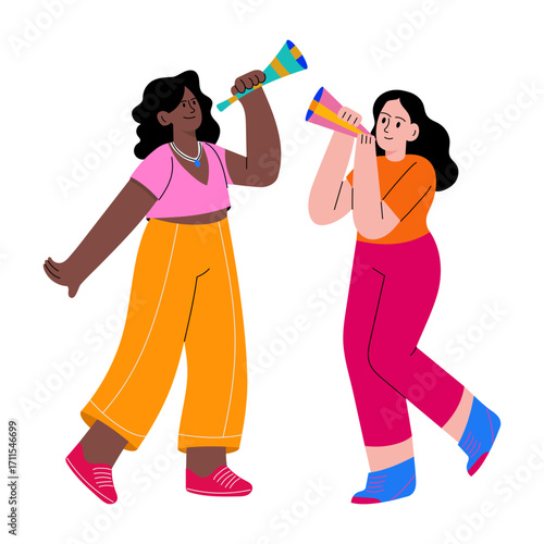 A flat style illustration showing friends blowing whistle 
