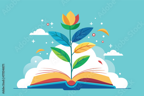 Creative design of a blooming flower emerging from an open book against a bright blue background