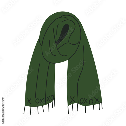 Flat cartoon vector illustration of cozy long green scarf, autumn and winter accessory. Warm wool clothing item for Christmas outfit, seasonal fashion, comfort, holiday and festive wardrobe