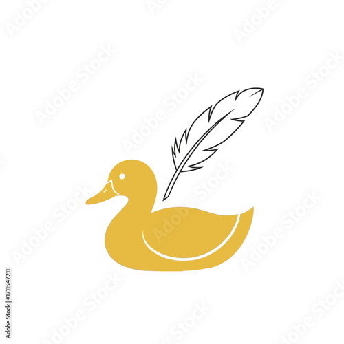 Golden duck with feather isolated on white background, a symbol of literature and writing