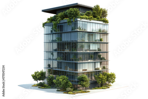 Modern green building isolated on transparent background eco architecture with plants and trees sustainable and ecological design urban landscape facade with greenery