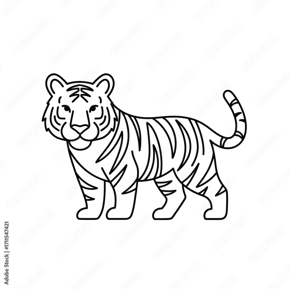 Obraz premium Illustration of a tiger standing isolated on white background in a simple line drawing style