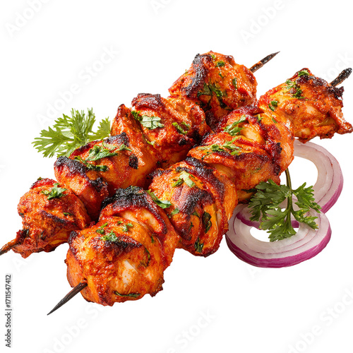 Delicious chicken tikka skewers with onion rings on transparent background