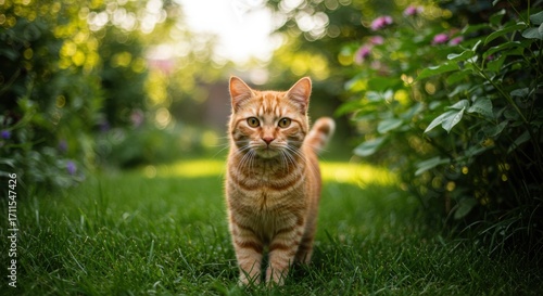 Ginger tabby cat standing in a lush green garden.