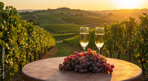 Champagne in vineyard with grapes on wooden table and a sunset view