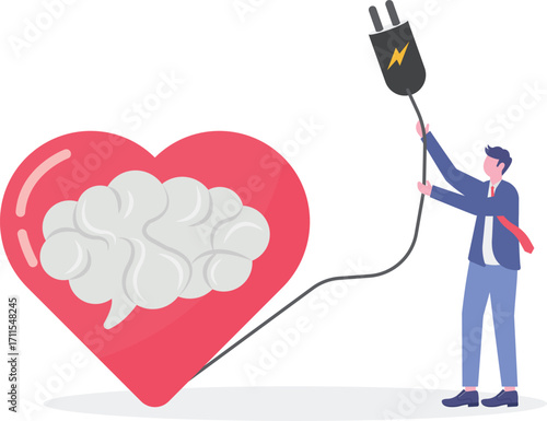 Man connecting heart emotions with human brain in flat design

