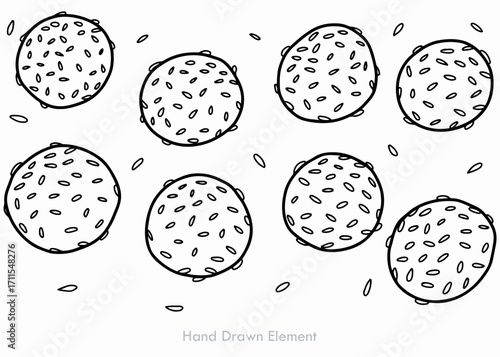 Hand-drawn illustration of eight rice balls or onigiri with sesame seeds scattered around, isolated on a white background.