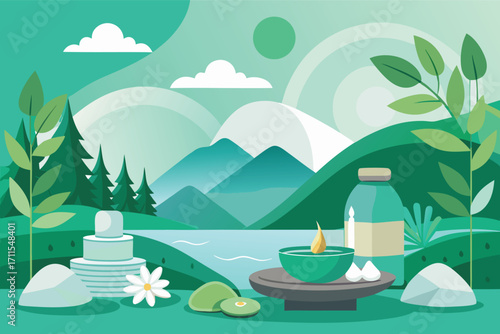 Beautiful nature scene with mountains, a lake, and a wellness setup during a sunny day